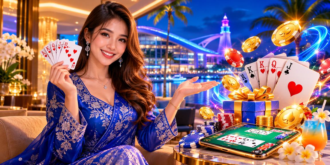 Pemain menikmati permainan kad rummy dalam talian dengan pakaian tradisional Terengganu